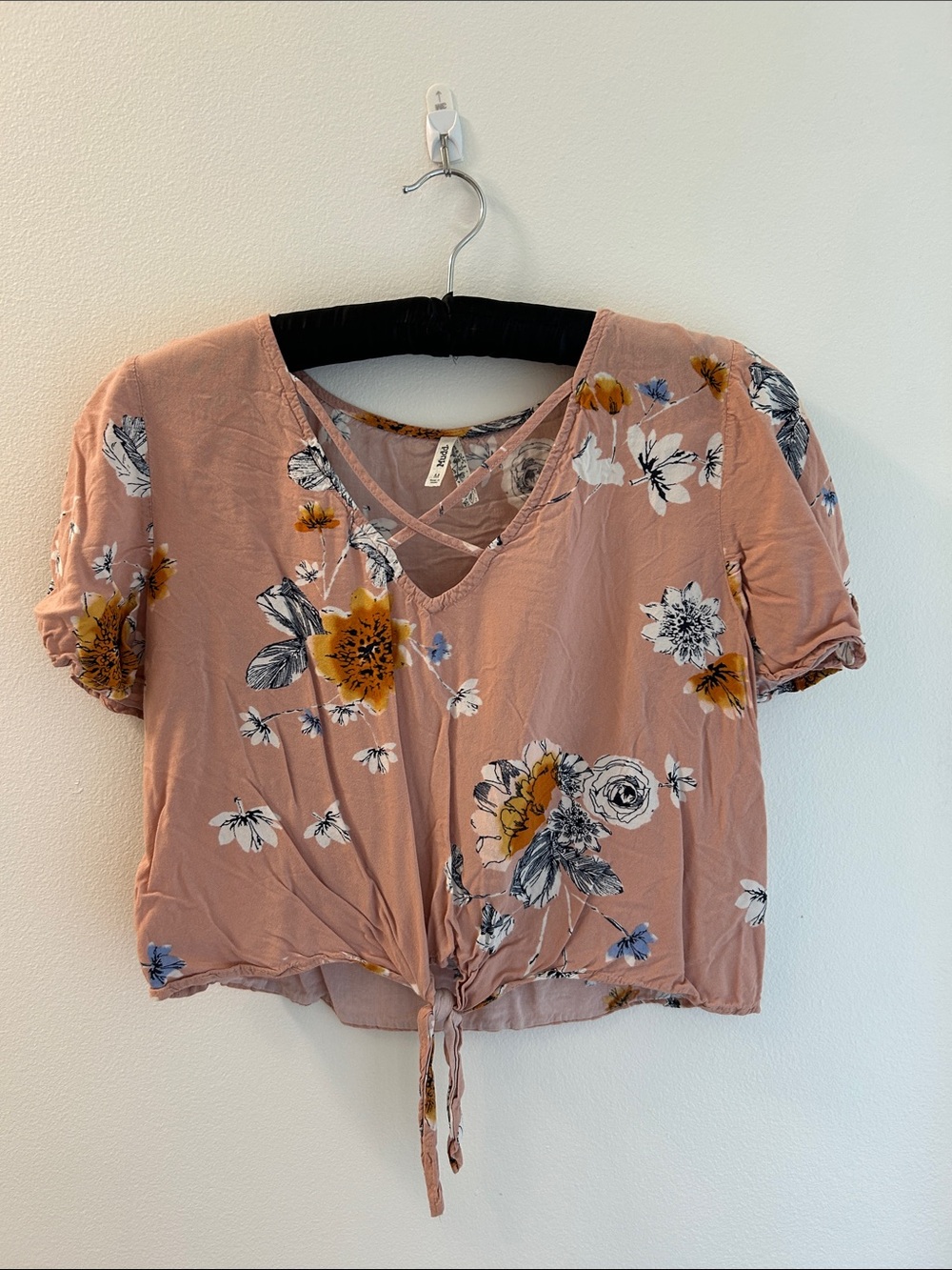 Mudd Rose Floral Tie-Front Crop Top with Yellow Accents